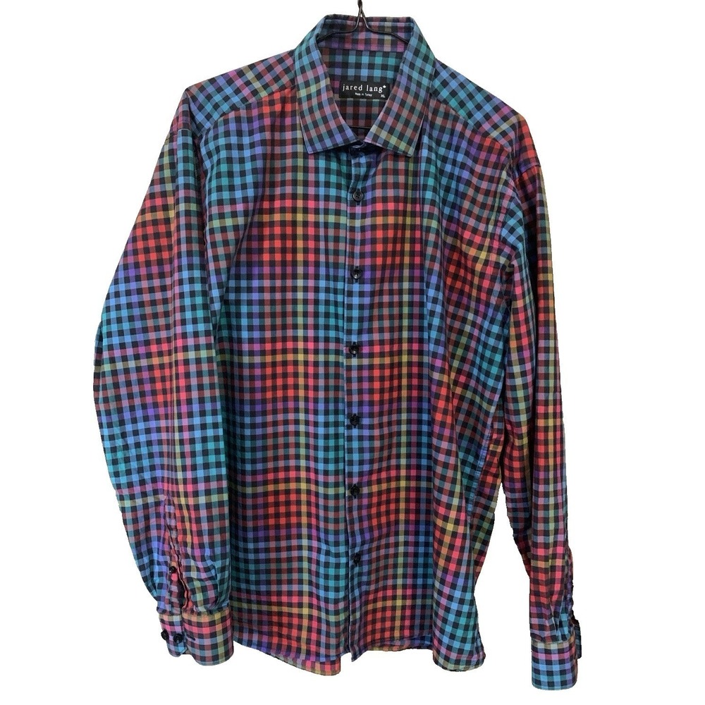 Jared Lang Men's XL Long Sleeve Button Up Shirt Multicolor Rainbow Gingham Check